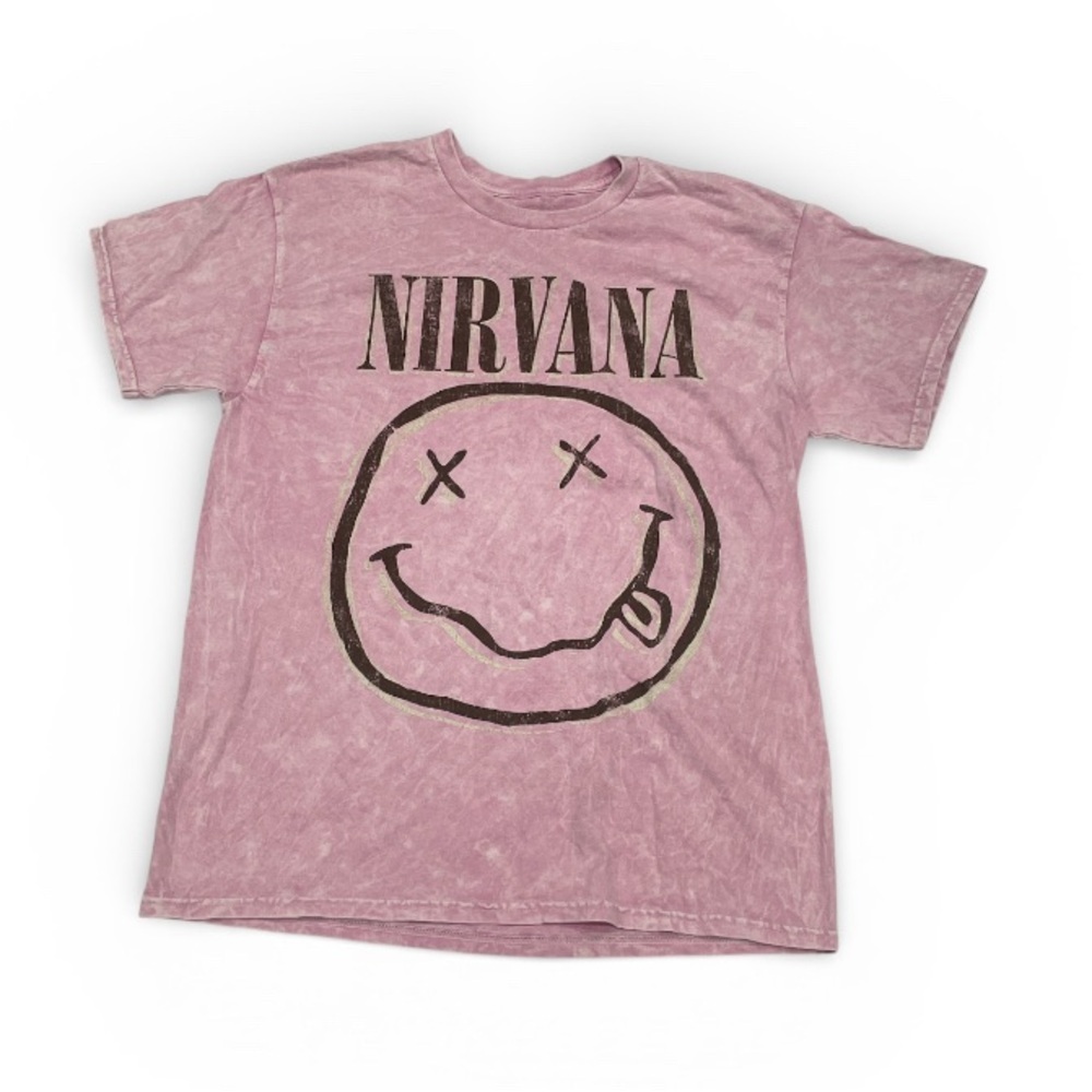 NIRVANA Pink Acid Wash Short Sleeve Tee with Smiley Logo